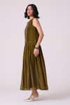 Buy_The Summer House_Green Chanderi Embroidery Round Neck Oleg Pleated Dress _Online_at_Aza_Fashions