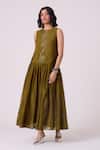 Shop_The Summer House_Green Chanderi Embroidery Round Neck Oleg Pleated Dress _Online_at_Aza_Fashions