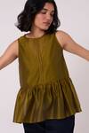 The Summer House_Green Chanderi Round Neck Galina Handwoven Peplum Blouse _Online_at_Aza_Fashions