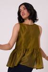 The Summer House_Green Chanderi Round Neck Galina Handwoven Peplum Blouse _Online