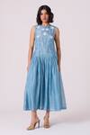 Buy_The Summer House_Blue Chanderi Embroidery Round Neck Aleksey Floral Dress _Online_at_Aza_Fashions