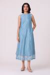 Buy_The Summer House_Blue Chanderi Embroidery Round Neck Milena Handwoven Dress _at_Aza_Fashions