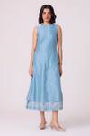 Shop_The Summer House_Blue Chanderi Embroidery Round Neck Milena Handwoven Dress _at_Aza_Fashions