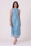 Buy_The Summer House_Blue Chanderi Embroidery Round Neck Milena Handwoven Dress _Online_at_Aza_Fashions