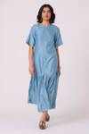 Buy_The Summer House_Blue Chanderi Round Neck Diana Handwoven Tiered Dress _at_Aza_Fashions