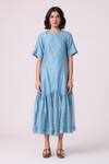 Buy_The Summer House_Blue Chanderi Round Neck Diana Handwoven Tiered Dress 