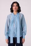 Buy_The Summer House_Blue Chanderi High Neck Pavel Handwoven Shirt _Online_at_Aza_Fashions
