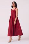 The Summer House_Red Poplin, Cotton Embroidery Square Neck Artyom Scalloped Midi Dress _Online_at_Aza_Fashions