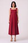 Buy_The Summer House_Red Poplin, Cotton Embroidery Square Neck Artyom Scalloped Midi Dress _Online_at_Aza_Fashions