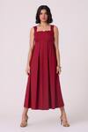 Buy_The Summer House_Red Poplin, Cotton Embroidery Square Neck Artyom Scalloped Midi Dress _at_Aza_Fashions