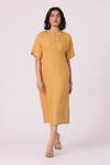 The Summer House_Yellow Linen Embroidery Round Neck Yarina Midi Dress _Online_at_Aza_Fashions