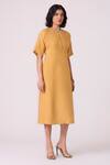 Buy_The Summer House_Yellow Linen Embroidery Round Neck Yarina Midi Dress _Online_at_Aza_Fashions