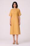 Shop_The Summer House_Yellow Linen Embroidery Round Neck Yarina Midi Dress _Online_at_Aza_Fashions