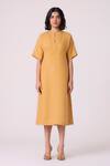 The Summer House_Yellow Linen Embroidery Round Neck Yarina Midi Dress _at_Aza_Fashions