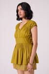 Shop_The Summer House_Green Cambric, Cotton V-neck Roman Gathered Peplum Blouse _Online_at_Aza_Fashions