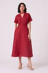 Buy_The Summer House_Red Linen V-neck Miyake Midi Dress _at_Aza_Fashions