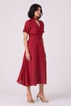 The Summer House_Red Linen V-neck Miyake Midi Dress _Online_at_Aza_Fashions