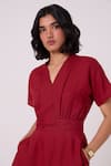 The Summer House_Red Linen V-neck Miyake Midi Dress _at_Aza_Fashions