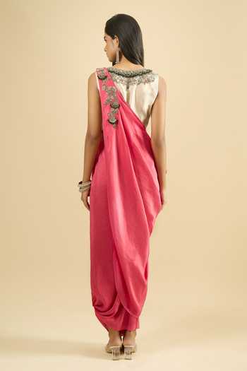 Prisho_Coral Embroidery, Beads, Sequins V-neck Blouse Draped Skirt Set _Online_at_Aza_Fashions