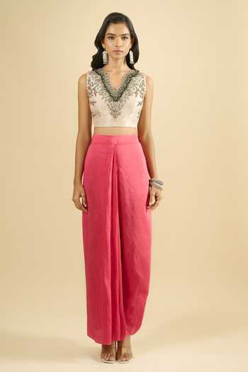Buy_Prisho_Coral Embroidery, Beads, Sequins V-neck Blouse Draped Skirt Set 