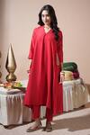 Buy_Komal Shah_Red Chanderi, Silk, Shantoon Embroidery V-neck Hand Keri Pocket Kurta Set _at_Aza_Fashions
