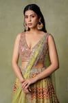 AMRIN KHAN_Green Organza, Silk Embroidery, Sequins, Chevron Motif Resham Lehenga Set _Online_at_Aza_Fashions