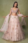 Buy_AMRIN KHAN_Pink Organza Embroidery, Pearls, Beads V-neck Floral Lehenga Set _Online_at_Aza_Fashions