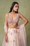 Shop_AMRIN KHAN_Pink Organza Embroidery, Pearls, Beads V-neck Floral Lehenga Set _Online_at_Aza_Fashions