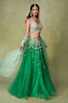 Buy_AMRIN KHAN_Green Organza Sequins, Beads, Crystals, Embroidery V-neck Lehenga Set _Online_at_Aza_Fashions