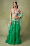 Buy_AMRIN KHAN_Green Organza Sequins, Beads, Crystals, Embroidery V-neck Lehenga Set _at_Aza_Fashions