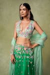 Shop_AMRIN KHAN_Green Organza Sequins, Beads, Crystals, Embroidery V-neck Lehenga Set _Online_at_Aza_Fashions