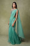 AMRIN KHAN_Mint Georgette, Chiffon, Organza, Silk Sequins, Pre-draped Saree And Blouse Set _Online_at_Aza_Fashions