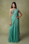 Buy_AMRIN KHAN_Mint Georgette, Chiffon, Organza, Silk Sequins, Pre-draped Saree And Blouse Set _at_Aza_Fashions