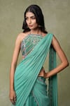 Buy_AMRIN KHAN_Mint Georgette, Chiffon, Organza, Silk Sequins, Pre-draped Saree And Blouse Set _Online_at_Aza_Fashions