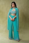 Buy_AMRIN KHAN_Aqua Silk, Georgette Beads, Sequins, Embroidery High Neck, Corset Pant Set _at_Aza_Fashions