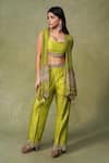 Buy_AMRIN KHAN_Lime Organza, Silk Mirrors, Beads, Tassels Asymmetrical Work Jacket Pant Set _at_Aza_Fashions