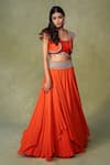 AMRIN KHAN_Orange Georgette Mirrors, Beads Open Neck, Structured Cape And Layered Skirt Set _Online_at_Aza_Fashions