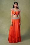 Buy_AMRIN KHAN_Orange Georgette Mirrors, Beads Open Neck, Structured Cape And Layered Skirt Set _at_Aza_Fashions
