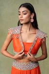 Buy_AMRIN KHAN_Orange Georgette Mirrors, Beads Open Neck, Structured Cape And Layered Skirt Set _Online_at_Aza_Fashions