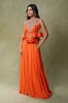 AMRIN KHAN_Orange Georgette, Silk Embroidery, Beads, Mirrors, Bib Crop Top And Palazzo Set _Online_at_Aza_Fashions