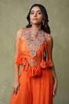 Buy_AMRIN KHAN_Orange Georgette, Silk Embroidery, Beads, Mirrors, Bib Crop Top And Palazzo Set _Online_at_Aza_Fashions