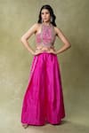 Buy_AMRIN KHAN_Pink Dupion Mirrors, Beads, Embroidery Halter Neck Crop Top And Pant Set _at_Aza_Fashions