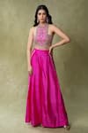 AMRIN KHAN_Pink Dupion Mirrors, Beads, Embroidery Halter Neck Crop Top And Pant Set _Online_at_Aza_Fashions