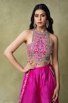 Buy_AMRIN KHAN_Pink Dupion Mirrors, Beads, Embroidery Halter Neck Crop Top And Pant Set _Online_at_Aza_Fashions