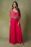 Buy_AMRIN KHAN_Pink Georgette, Silk Mirrors V-neck Drape Style Cape Cutdana Jumpsuit _at_Aza_Fashions