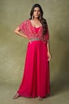 AMRIN KHAN_Pink Georgette, Silk Mirrors V-neck Drape Style Cape Cutdana Jumpsuit _Online_at_Aza_Fashions