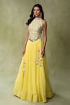 Buy_AMRIN KHAN_Yellow Chiffon, Silk Tassels, Floral Cutdana Work Blouse And Flared Lehenga Set _at_Aza_Fashions