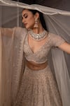 AMRIN KHAN_Rose Gold Organza Embroidery, Sequins, Pearls, Stones Foil Cutdana Lehenga Set _Online_at_Aza_Fashions
