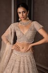 Shop_AMRIN KHAN_Rose Gold Organza Embroidery, Sequins, Pearls, Stones Foil Cutdana Lehenga Set _Online_at_Aza_Fashions