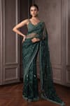 Shop_AMRIN KHAN_Emerald Green Organza Crystals, Embroidery, Beads Cutdana Saree Blouse Set _Online_at_Aza_Fashions